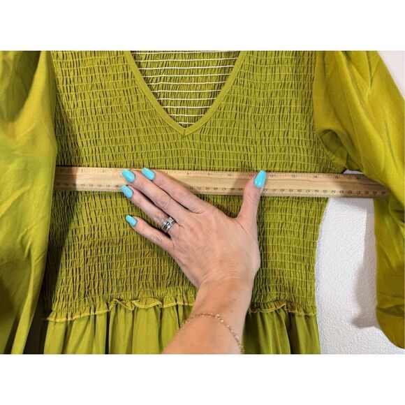 NWOT Bohme Smocked Tiered Chartreuse Lined Ruffle Maxi Dress Women's Small - Picture 11 of 12